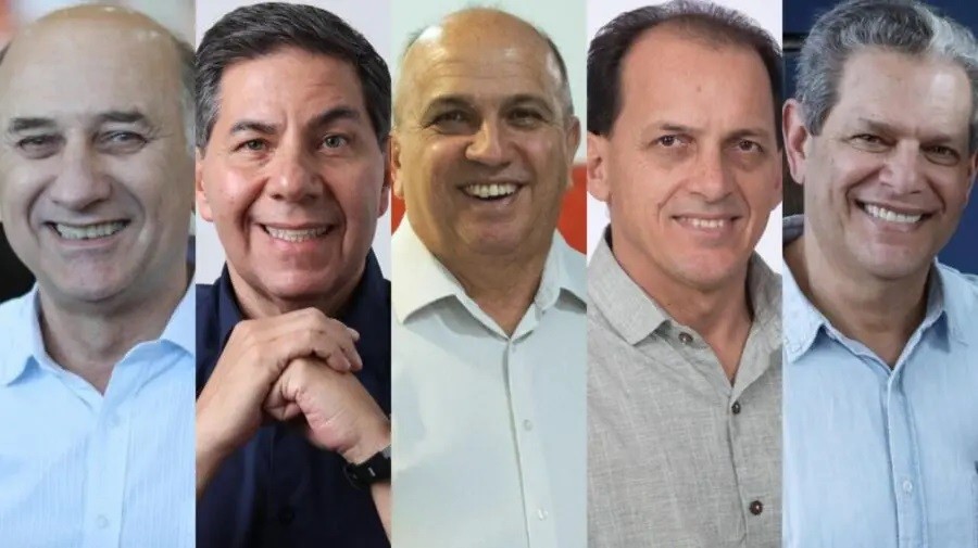 Cinco candidatos vão concorrer às eleições majoritárias deste ano em Maringá. Da esquerda para a direita: Edson Scabora (PSD); Evandro de Oliveira (PSDB); Humberto Henrique (PT); José Santos (Mobiliza) e Silvio Barros (PP). Foto: Reprodução.