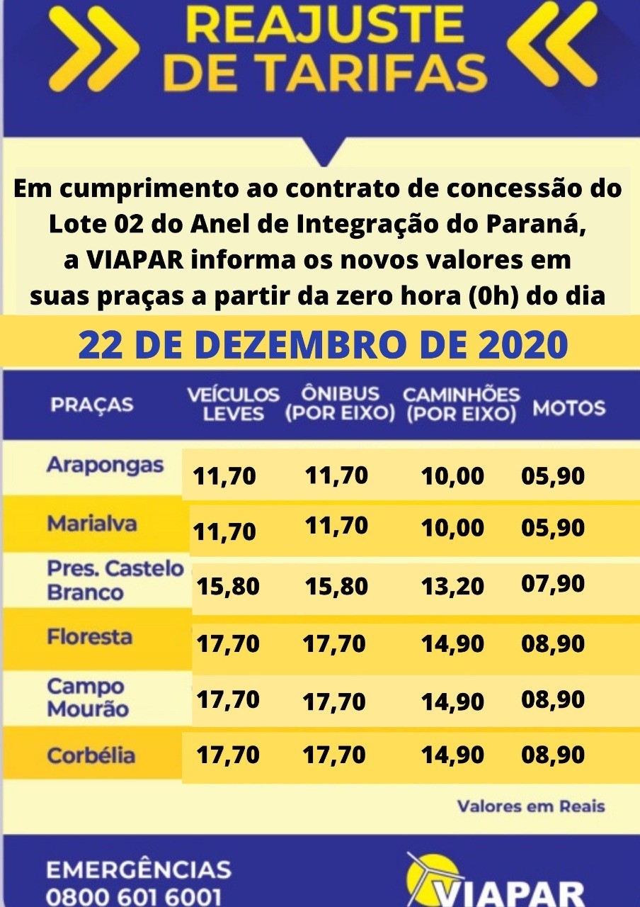 Tabela de novos valores | Divulgação/Viapar