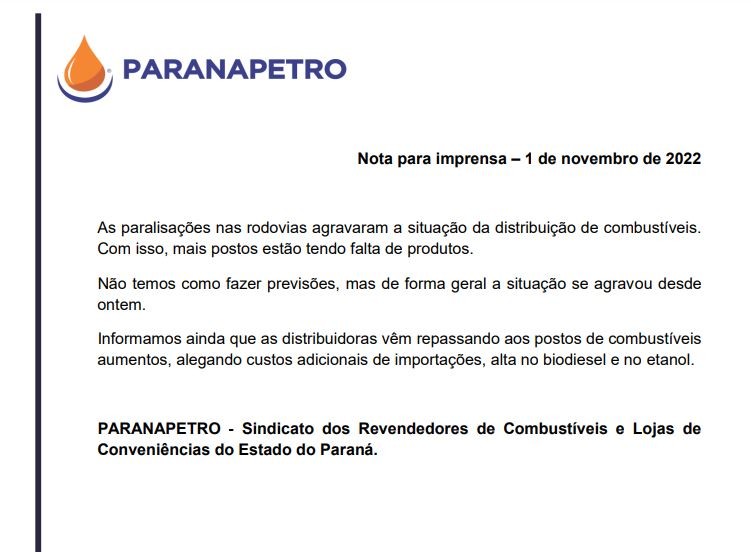 Nota oficial do Paranapetro: problemas na distribuição de combustíveis por conta dos bloqueios nas rodovias