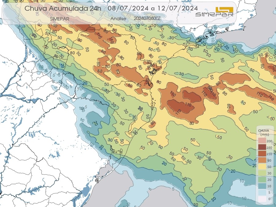 Precipitação acumulada entre os dias 8 e 12 de julho no Paraná | Fonte: Simepar