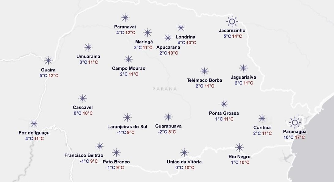 As temperaturas devem seguir baixas ao longo desta terça-feira em todo o Paraná. | Reprodução/Simepar