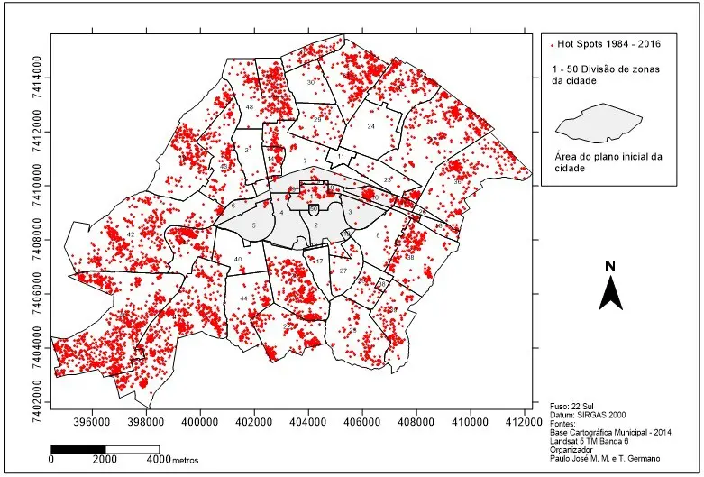 Imagem: “Sensoriamento remoto aplicado à ocorrência de hot spots em ilhas de calor de superfície na cidade de Maringá-PR – 1984 a 2016”