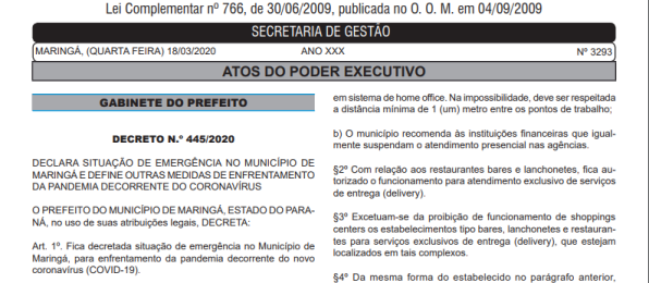 Prefeitura de Maringá publica decreto de emergência devido ao coronavírus 