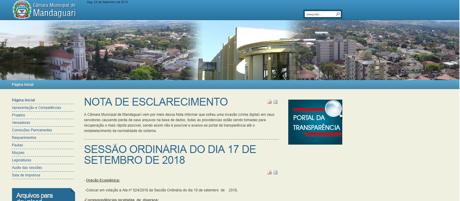 Site é invadido e Portal da Transparência da Câmara está fora do ar