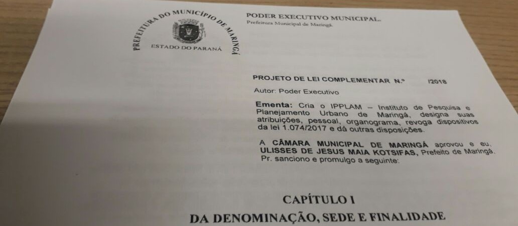 Projeto que cria Instituto de Pesquisa e Planejamento já está na Câmara de Maringá