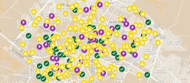 Mapa mostra pontos com árvores caídas em Maringá