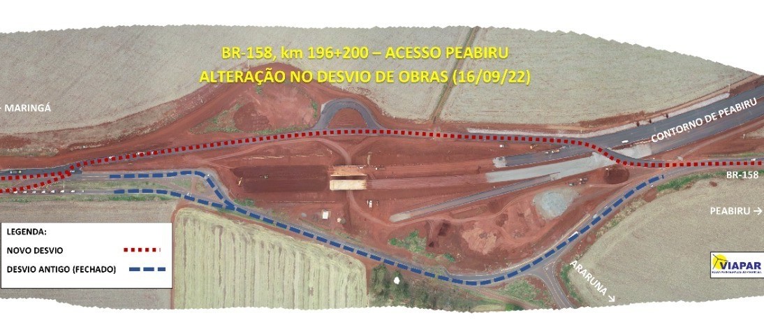 Motoristas devem ficar atentos para alteração no desvio de obras na BR-158, em Peabiru