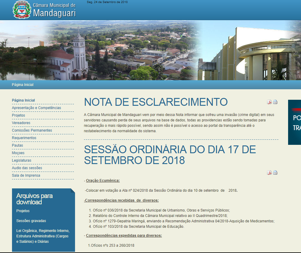 Site é invadido e Portal da Transparência da Câmara está fora do ar