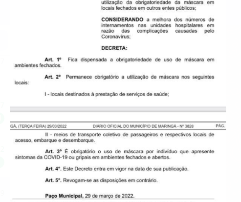 Decreto municipal desobriga máscaras em locais fechados em Maringá 