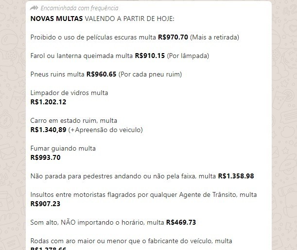 Mensagem que circula no WhatsApp com novos valores de multas de trânsito é falsa