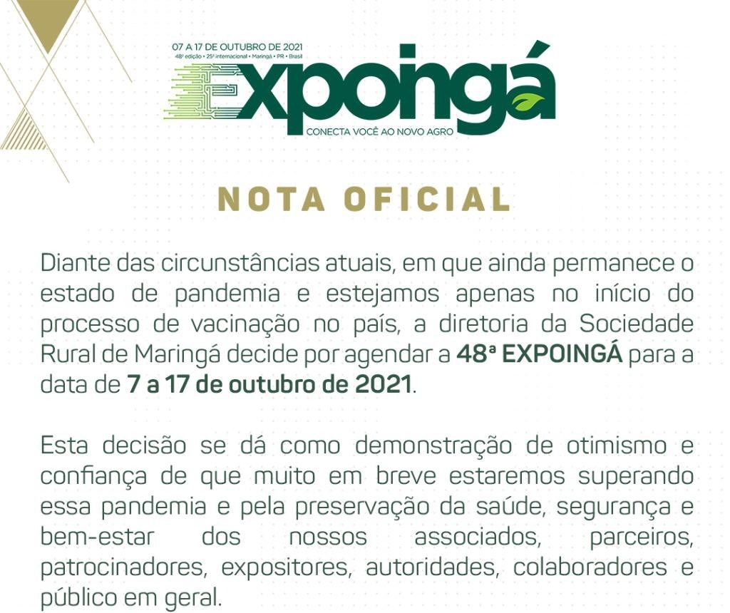 48ª Expoingá será de 7 a 17 de outubro