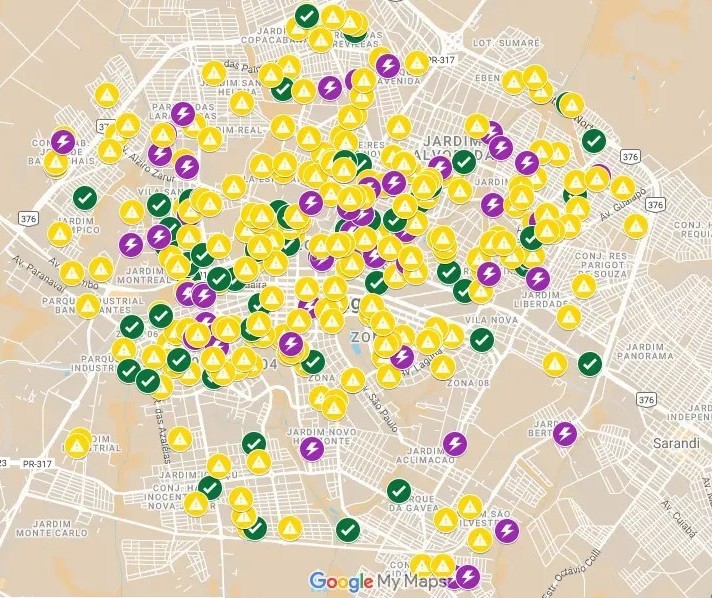 Mapa mostra pontos com árvores caídas em Maringá