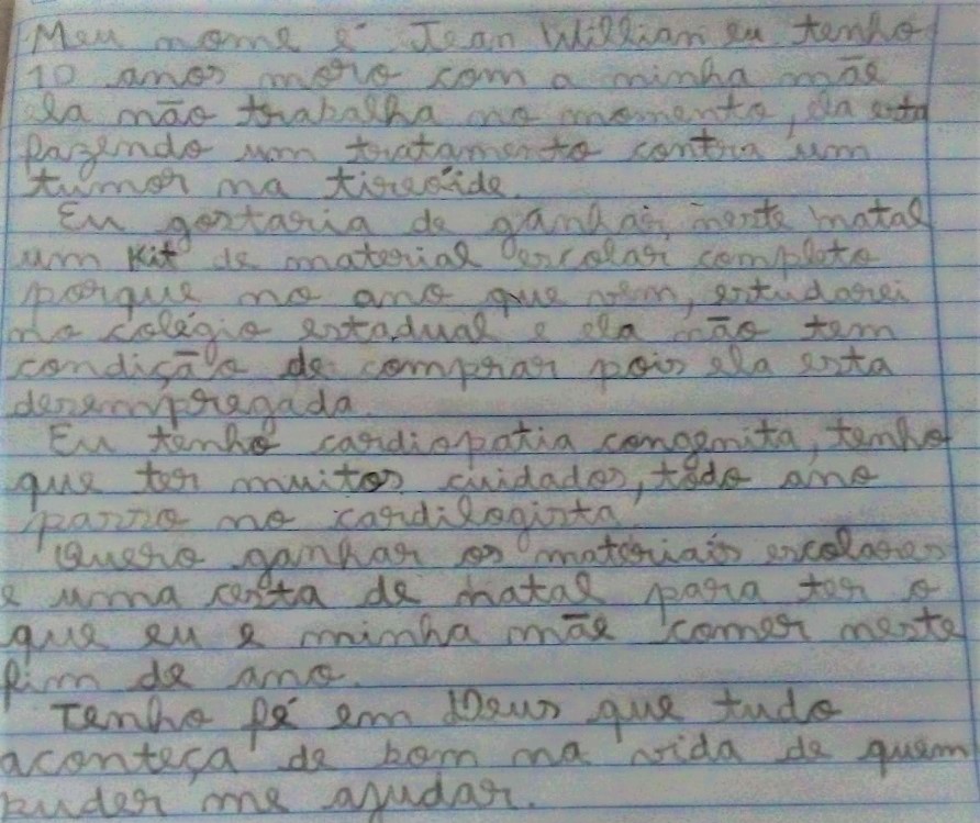 Em carta ao Papai Noel, crianças pedem alimento para a família em Maringá; saiba como ajudar